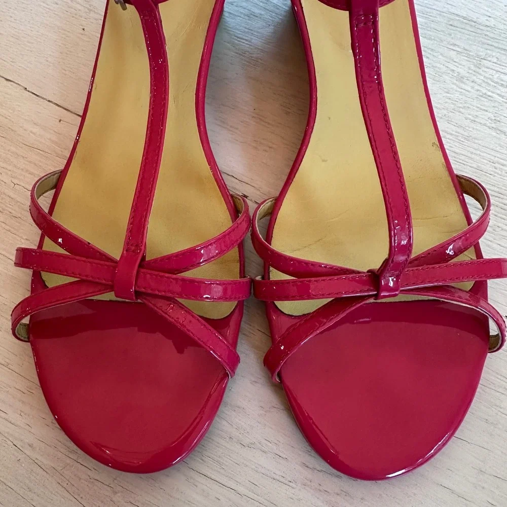 Boden Pink Patent Leather T-Strap Strappy Preppy Cork Wedge Sandals Size 42 10